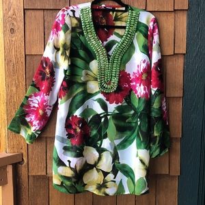 PREMISE Tropical Size Sm Sheer Green Faceted Beaded Neckline Long Sleeve